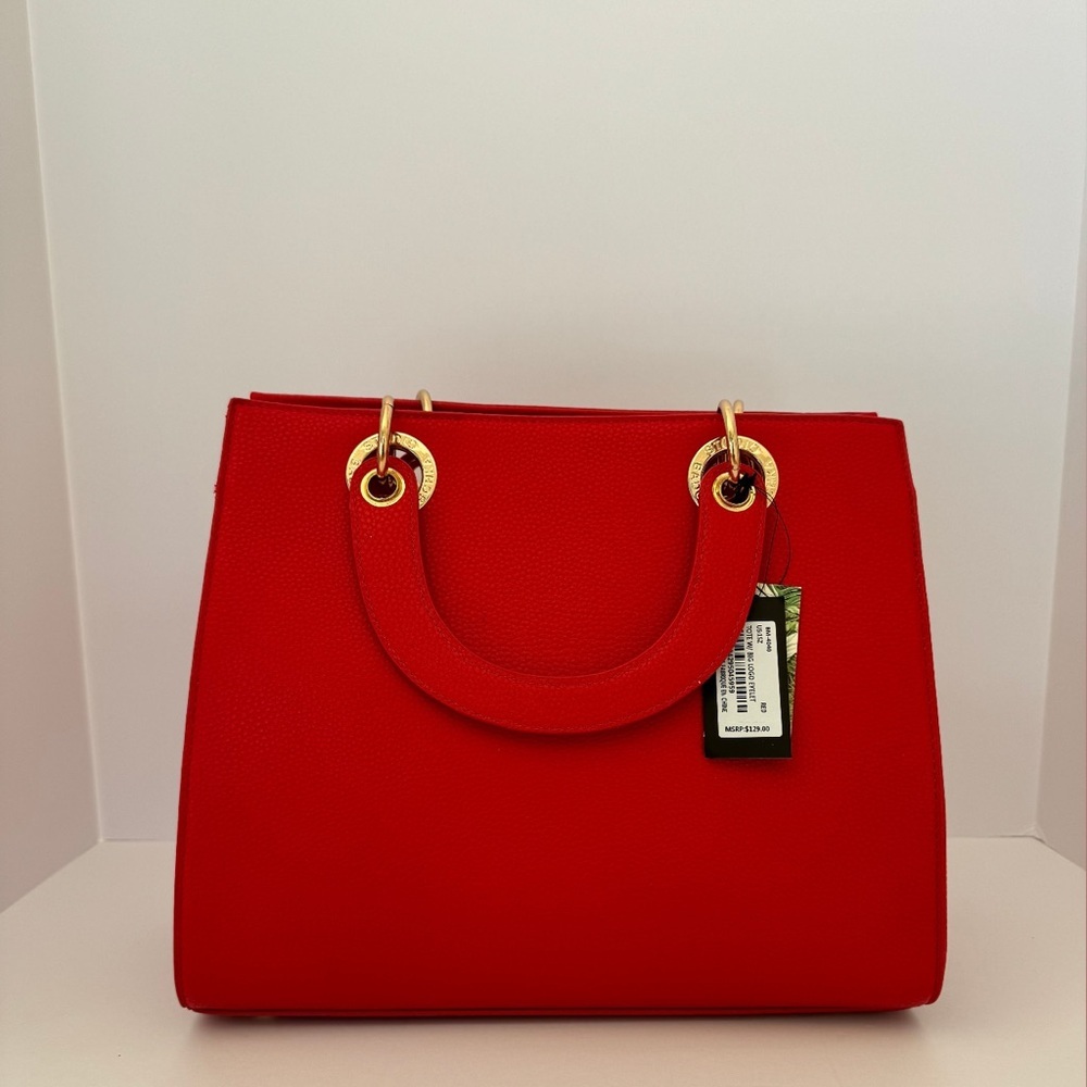 NWT Badgley Mischka Red Tote Vegan Leather Bag Gold Hardware Crossbody - Picture 2 of 8